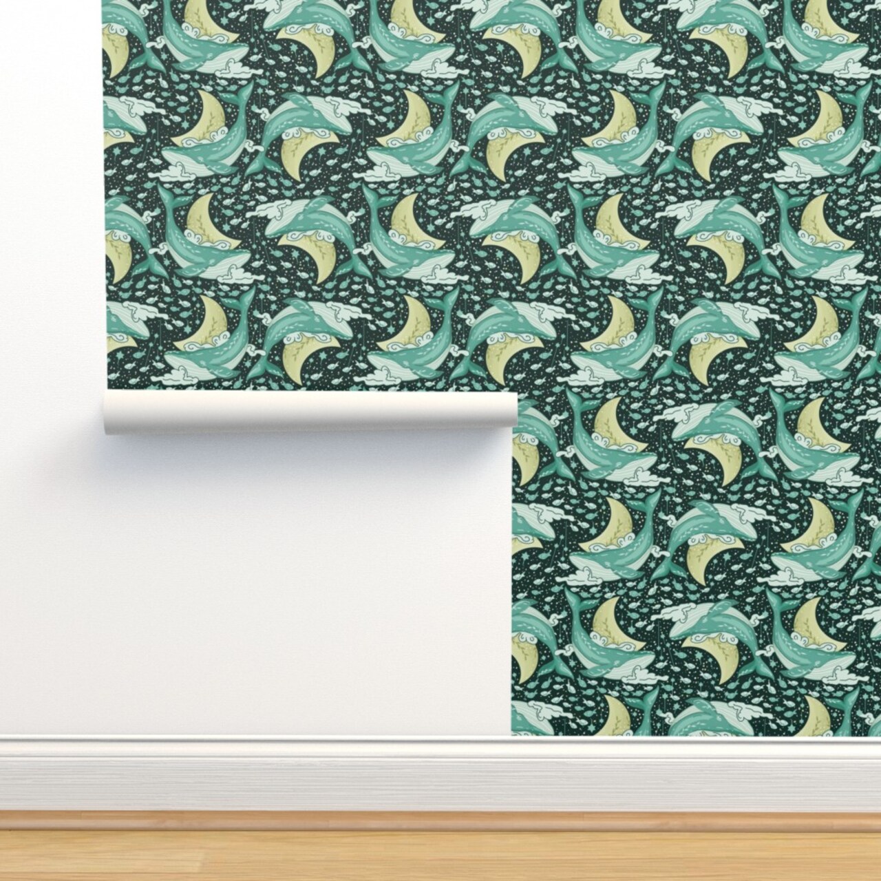 Space Whales Ocean Nautical Animals Moon Galaxy Clouds Teal Celestial Whimsical Cosmos Crescent Custom Removable Wallpaper by Spoonflower Peel & Stick Wallpaper 2FT Wide